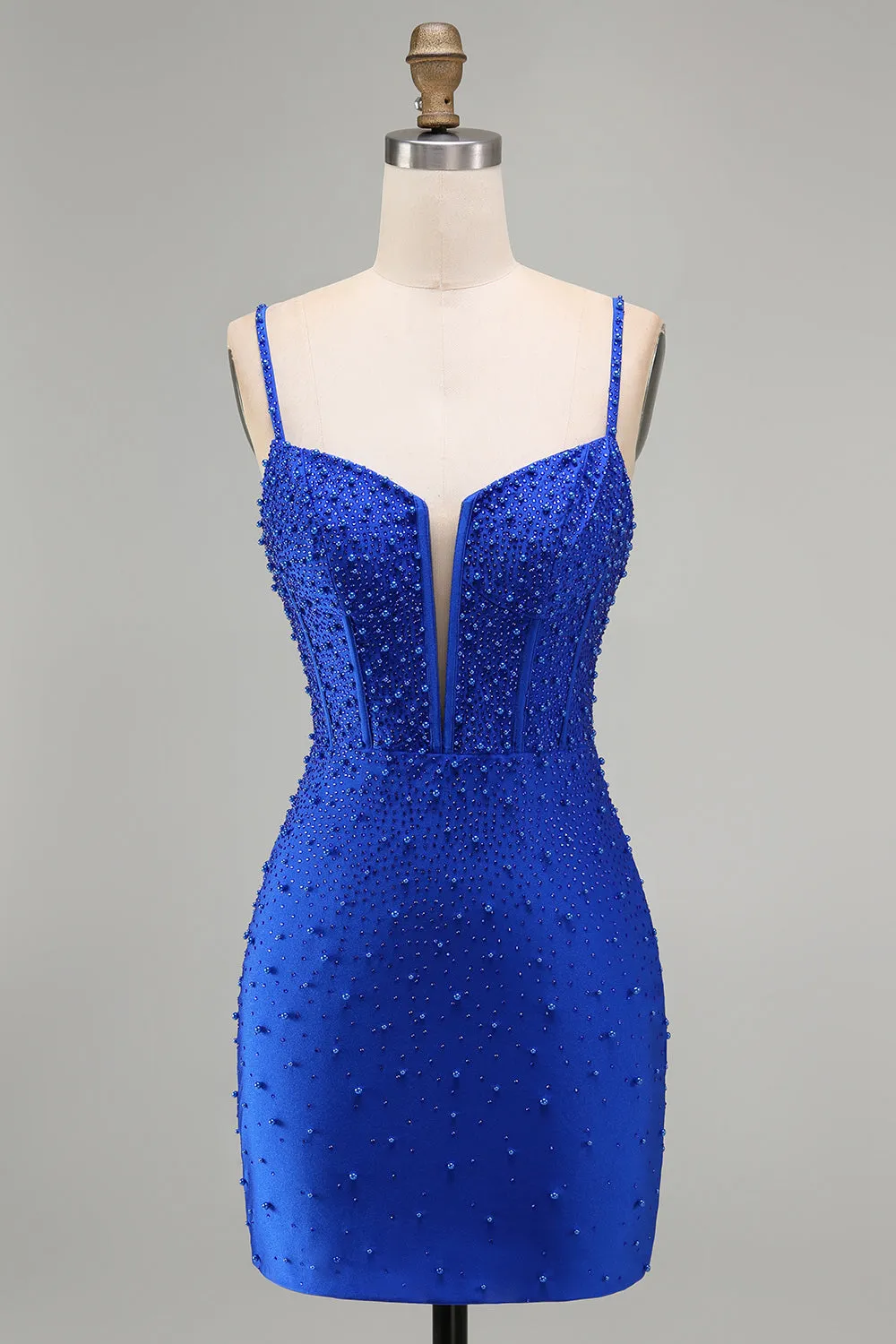Royal Blue Pearls Corset Bodycon Short Homecoming Dress with Beading sold by Zapaka
