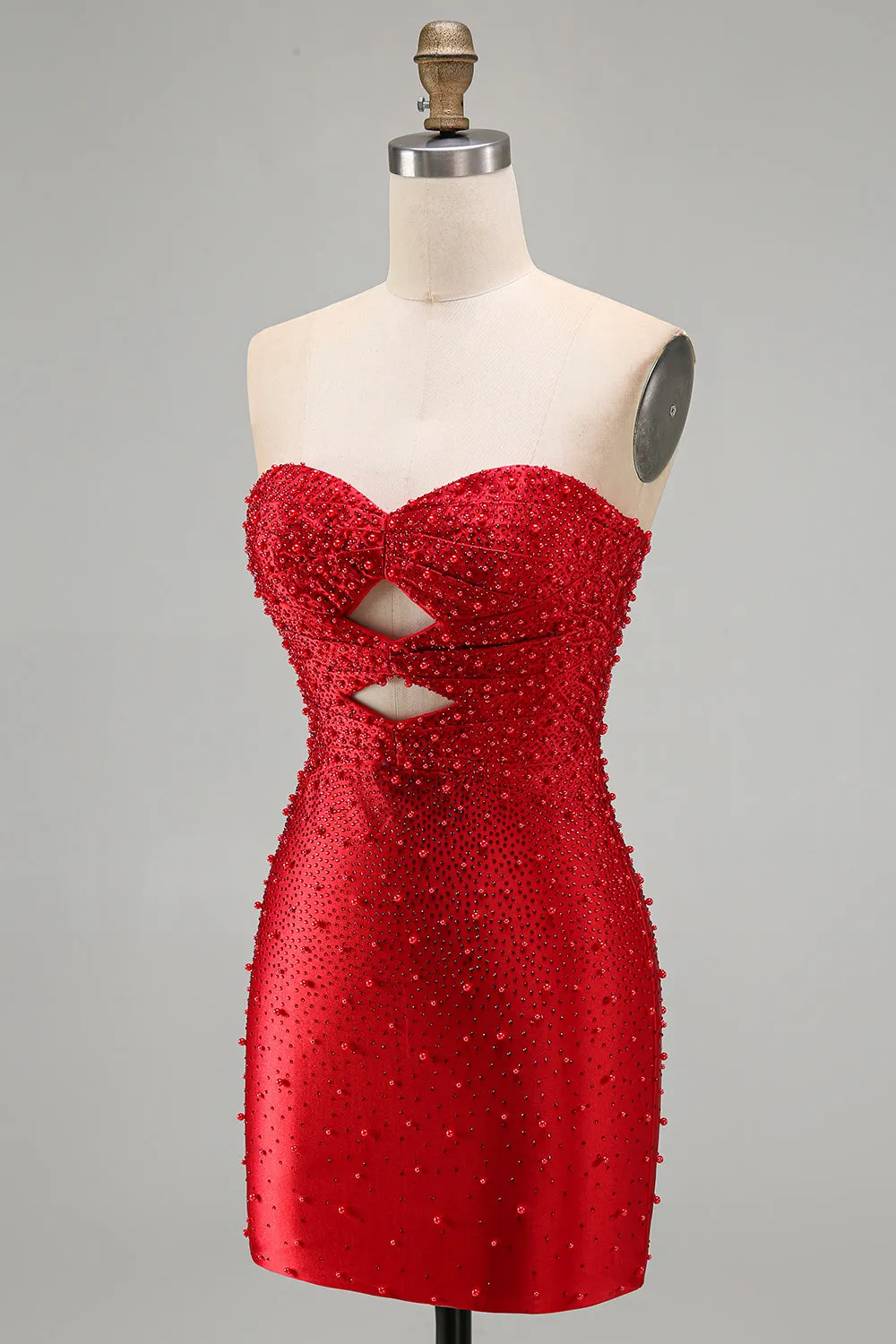 Sparkly Red Cut Out Pearl Bodycon Strapless Short Homecoming Dress with Beading sold by Zapaka product image thumbnail 3