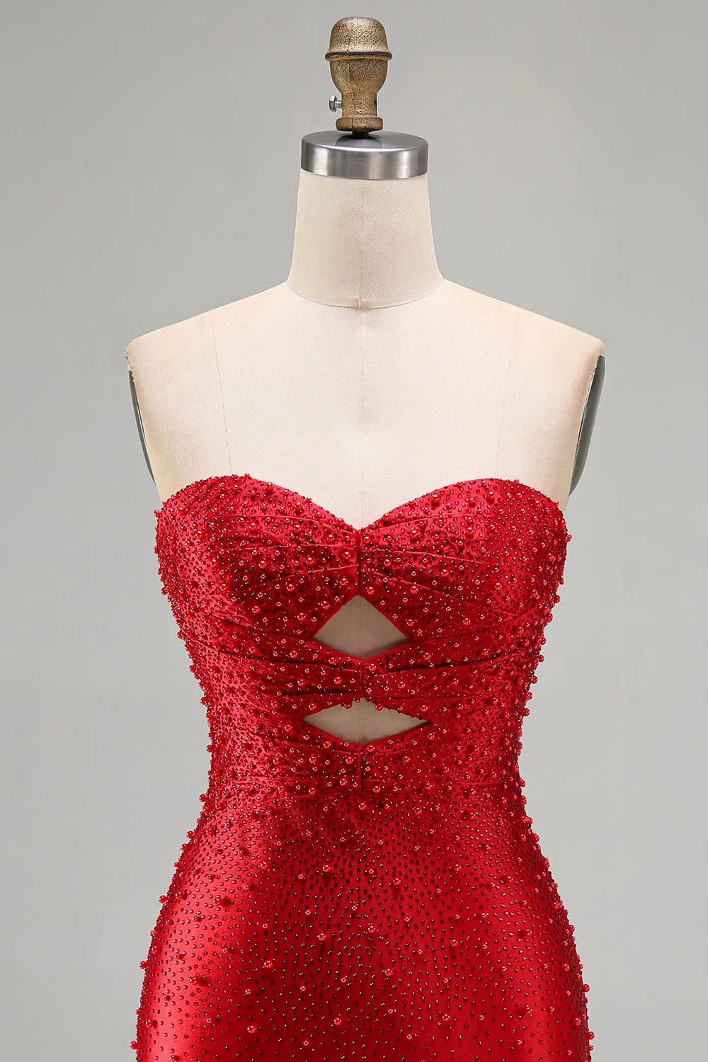 Sparkly Red Cut Out Pearl Bodycon Strapless Short Homecoming Dress with Beading sold by Zapaka product image thumbnail 4