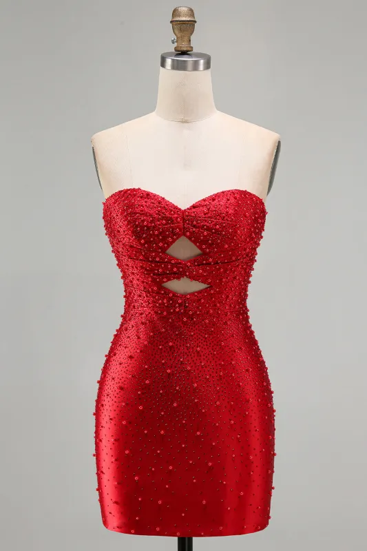 Sparkly Red Cut Out Pearl Bodycon Strapless Short Homecoming Dress with Beading made by Zapaka