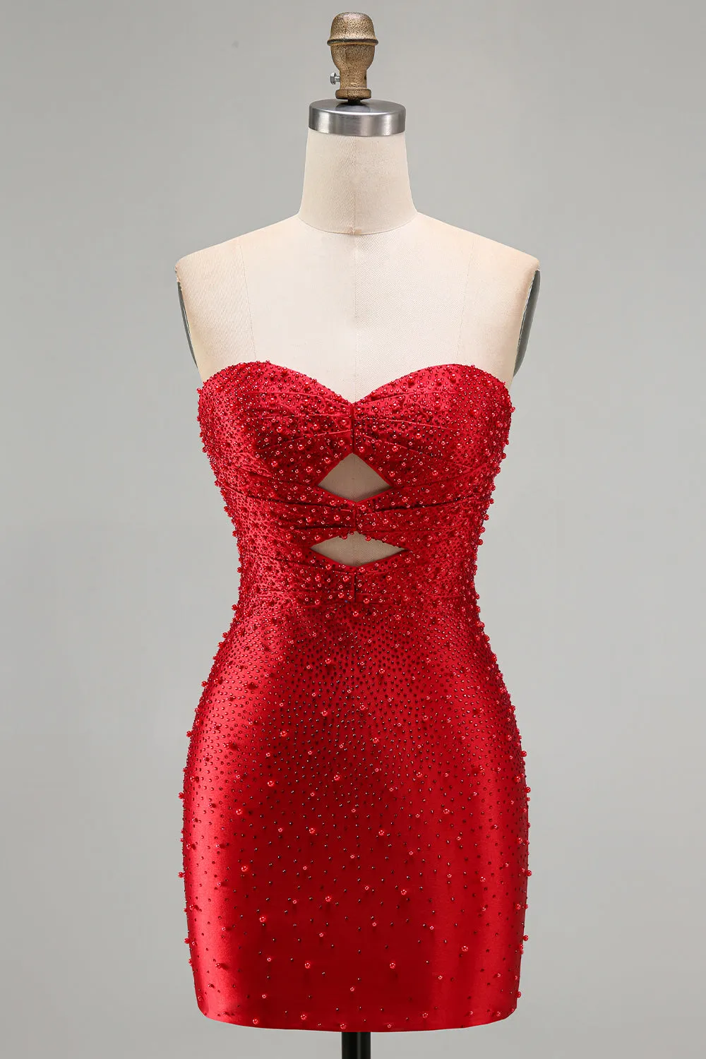 Sparkly Red Cut Out Pearl Bodycon Strapless Short Homecoming Dress with Beading sold by Zapaka