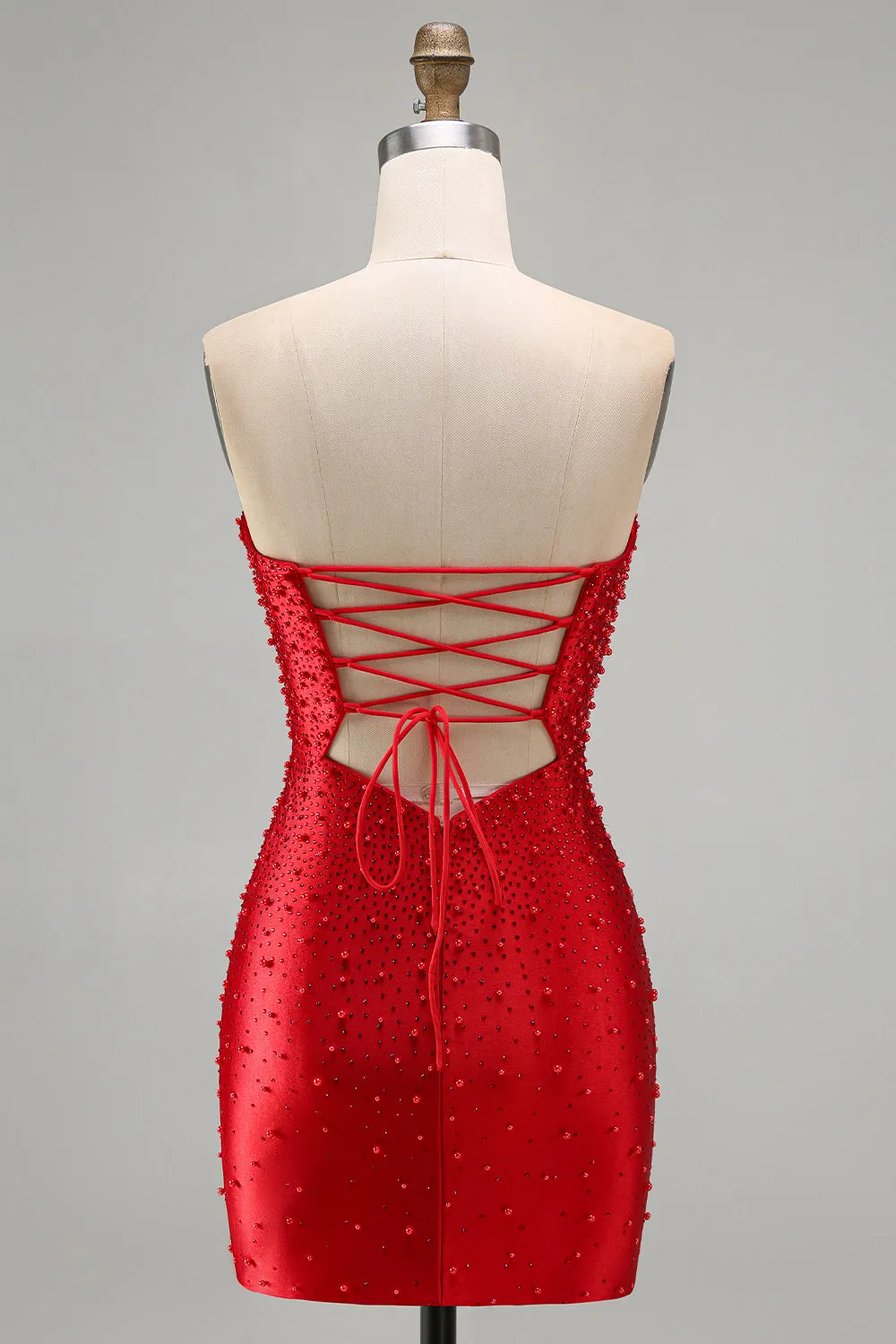 Sparkly Red Cut Out Pearl Bodycon Strapless Short Homecoming Dress with Beading sold by Zapaka product image thumbnail 2