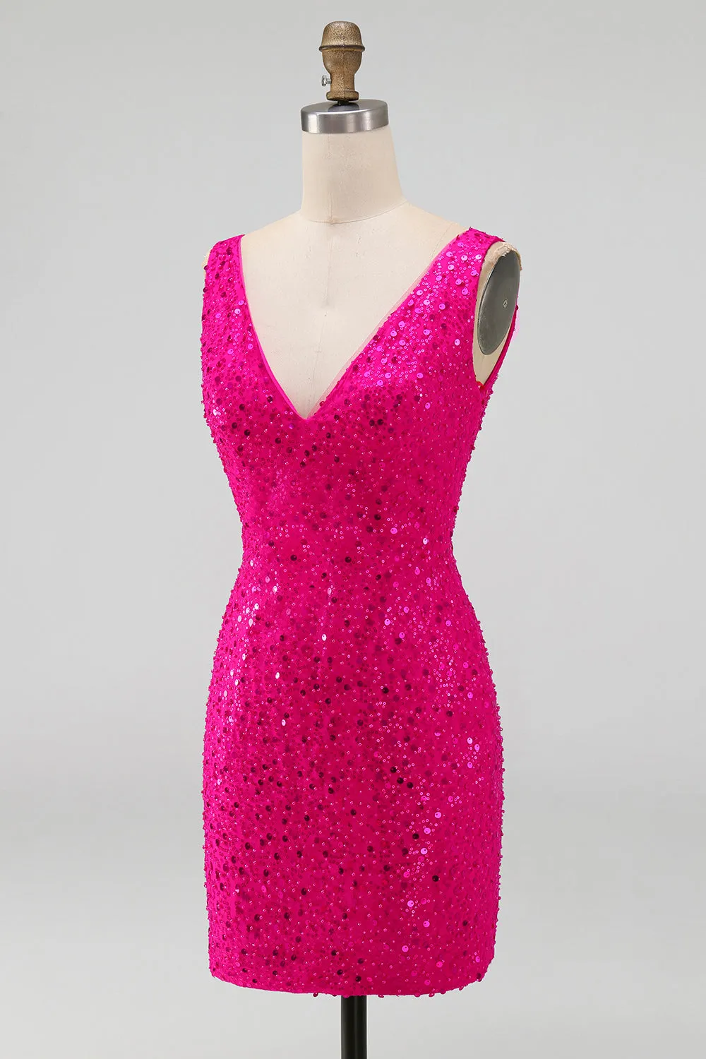 Sparkly Fuchsia Sequins V-Neck Bodycon Short Homecoming Dress sold by Zapaka product image thumbnail 3