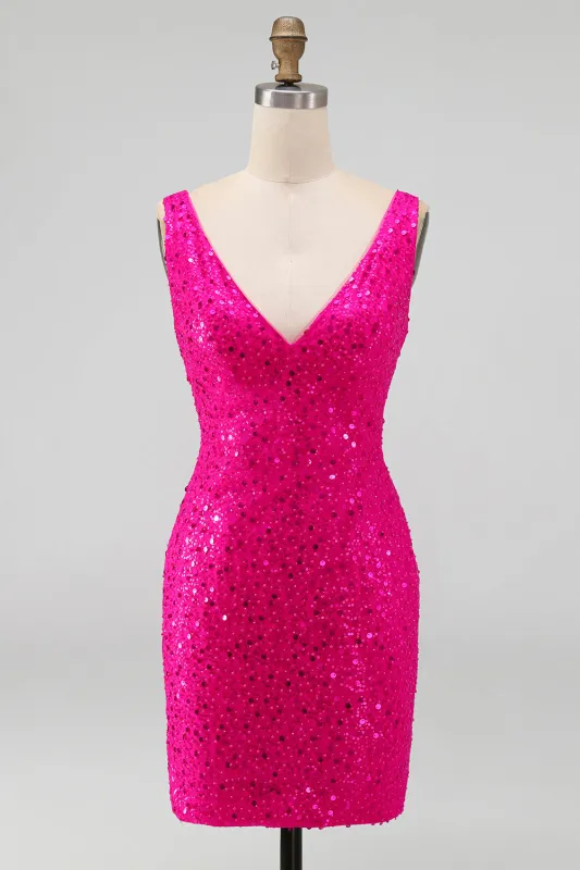 Sparkly Fuchsia Sequins V-Neck Bodycon Short Homecoming Dress made by Zapaka
