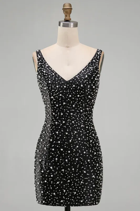 Sparkly Black Bodycon Pearl V-Neck Short Homecoming Dress with Beading made by Zapaka