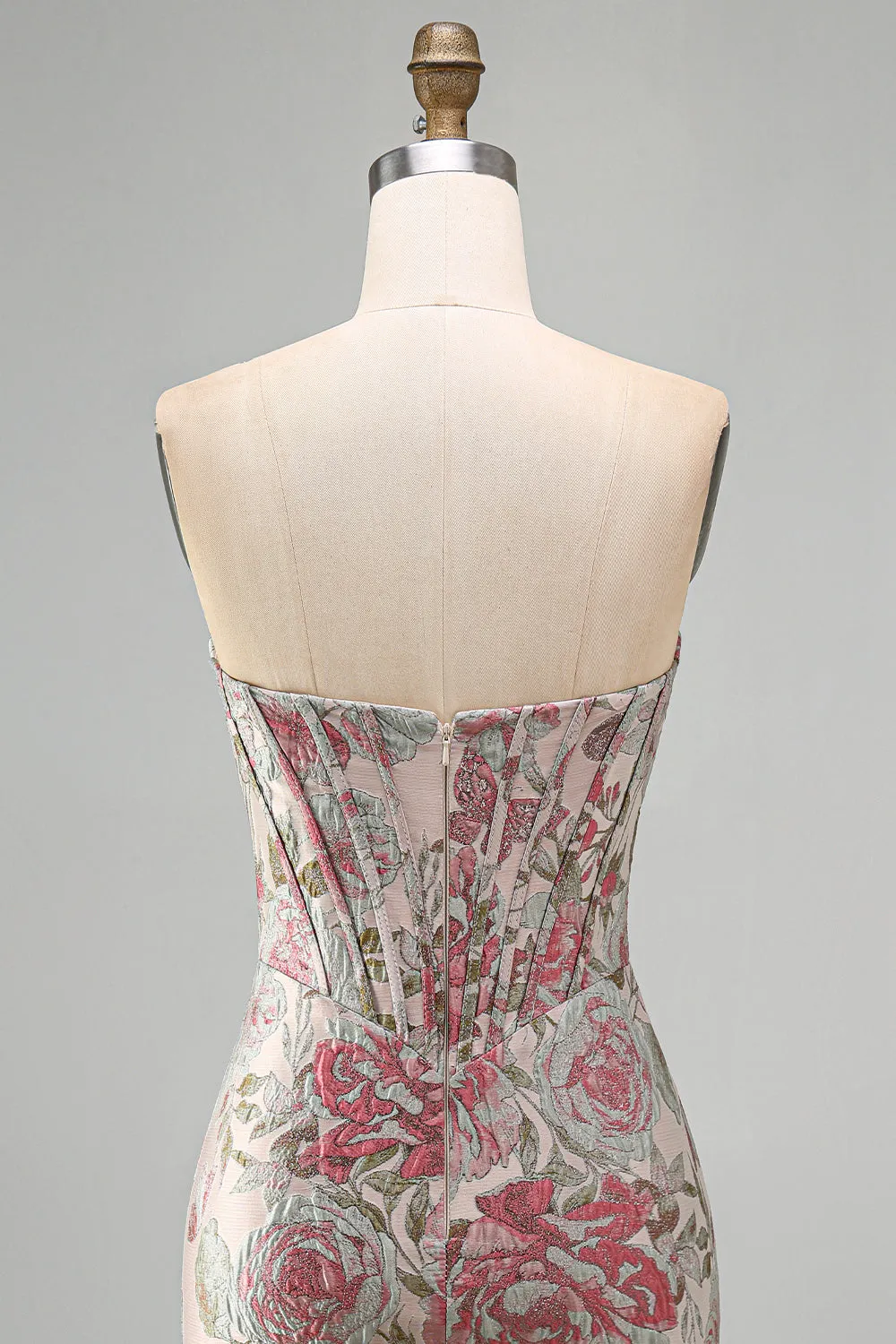 Pink Flower Jacquard Corset Bodycon Sequins Strapless Short Homecoming Dress sold by Zapaka product image thumbnail 5