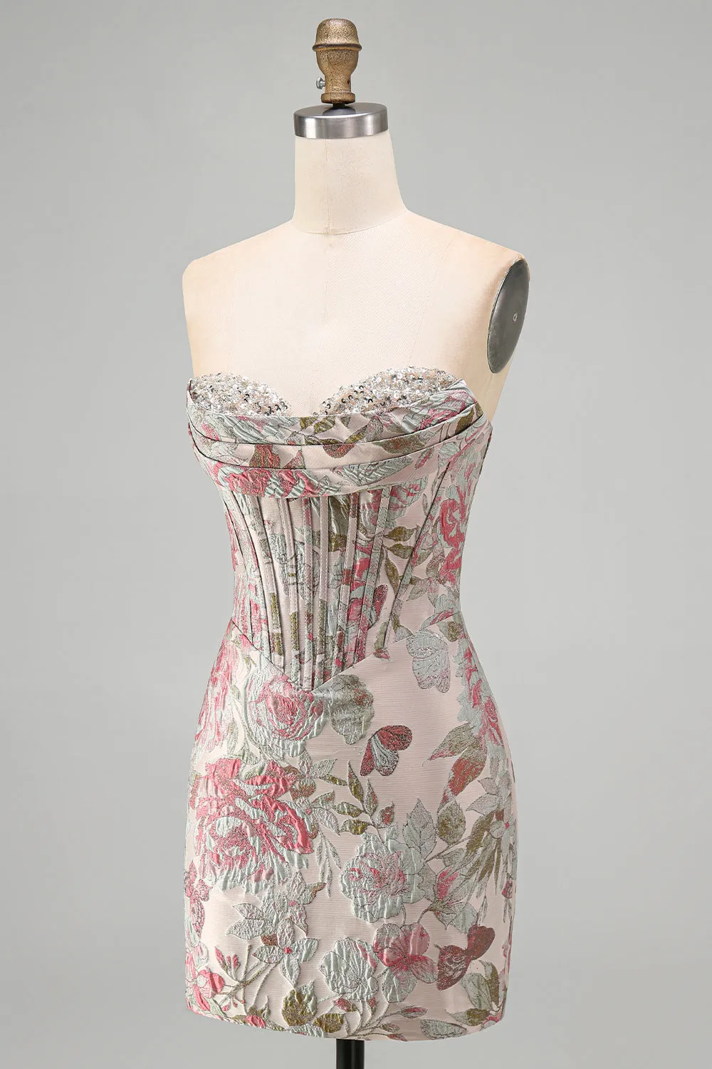 Pink Flower Jacquard Corset Bodycon Sequins Strapless Short Homecoming Dress sold by Zapaka product image thumbnail 3