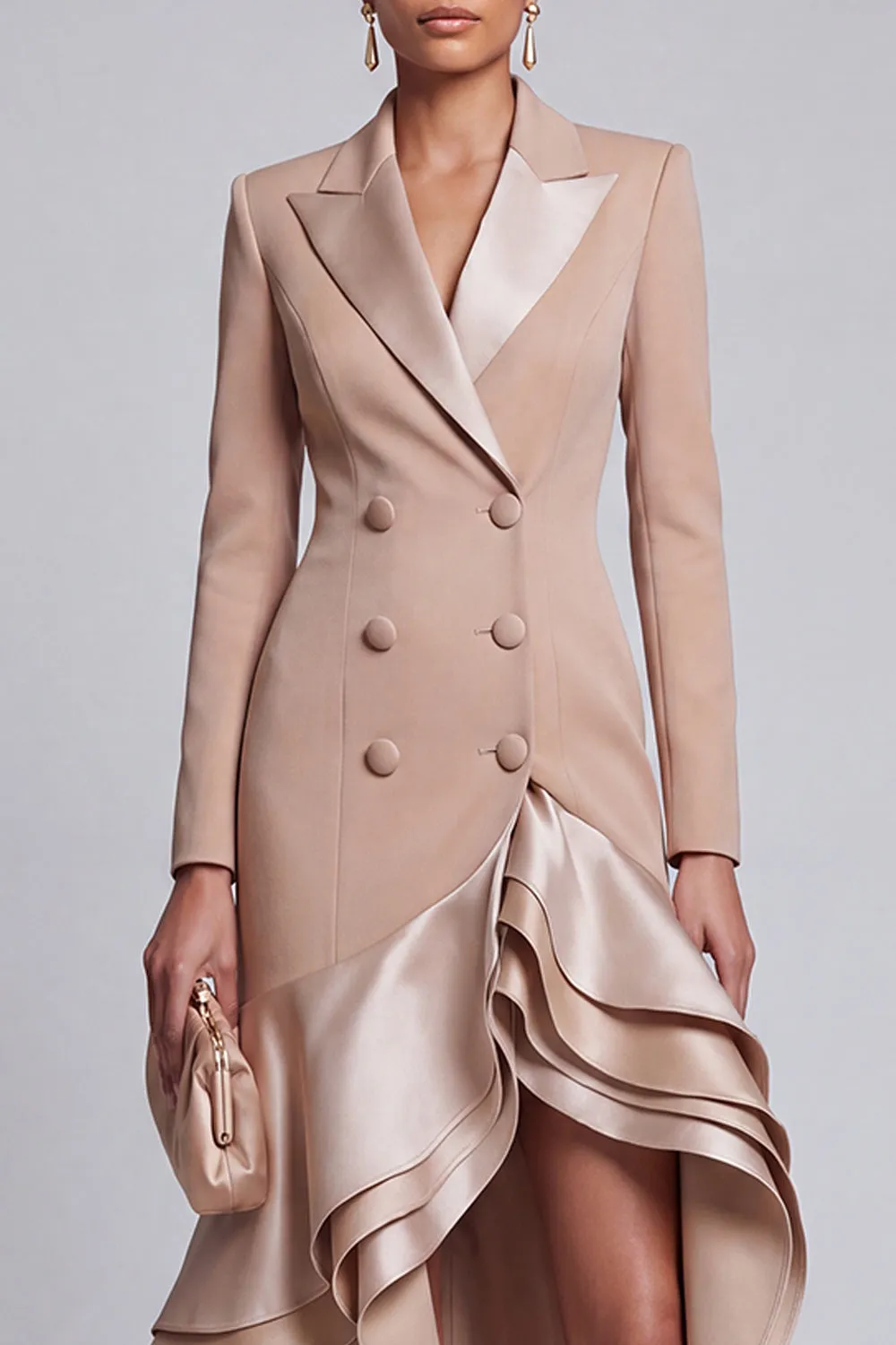 Khaki Fitted Peak Lapel Ruffled High-Low Work Dress sold by Zapaka product image thumbnail 3