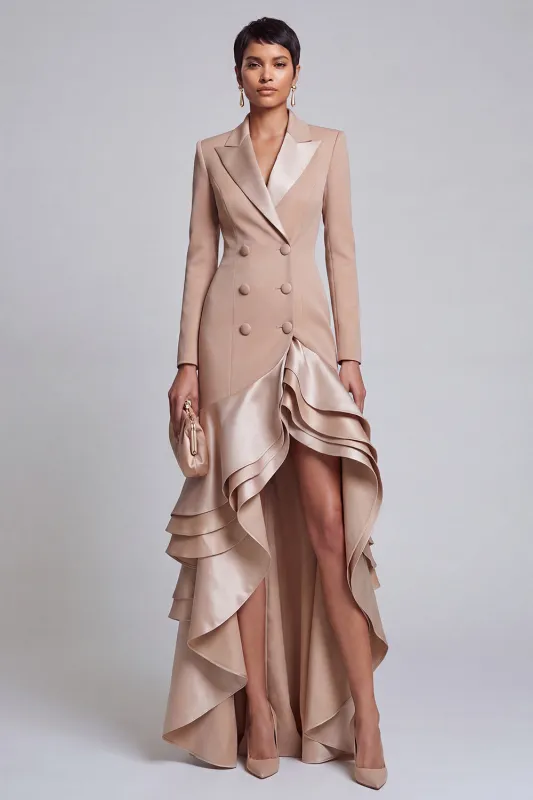 Khaki Fitted Peak Lapel Ruffled High-Low Work Dress made by Zapaka