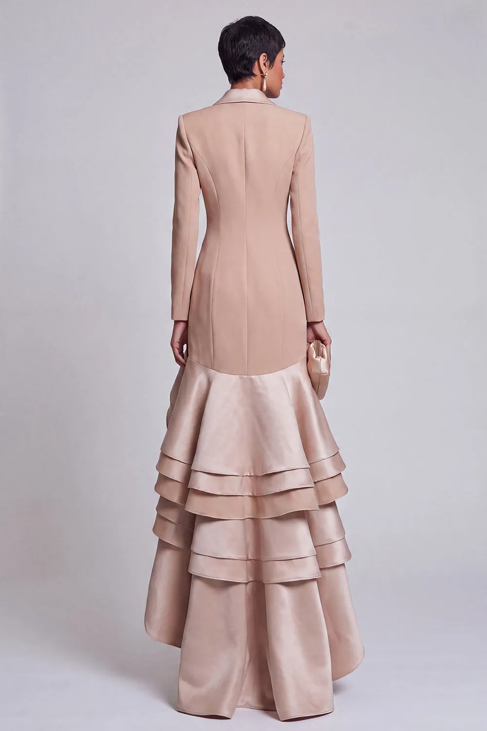 Khaki Fitted Peak Lapel Ruffled High-Low Work Dress sold by Zapaka product image thumbnail 2