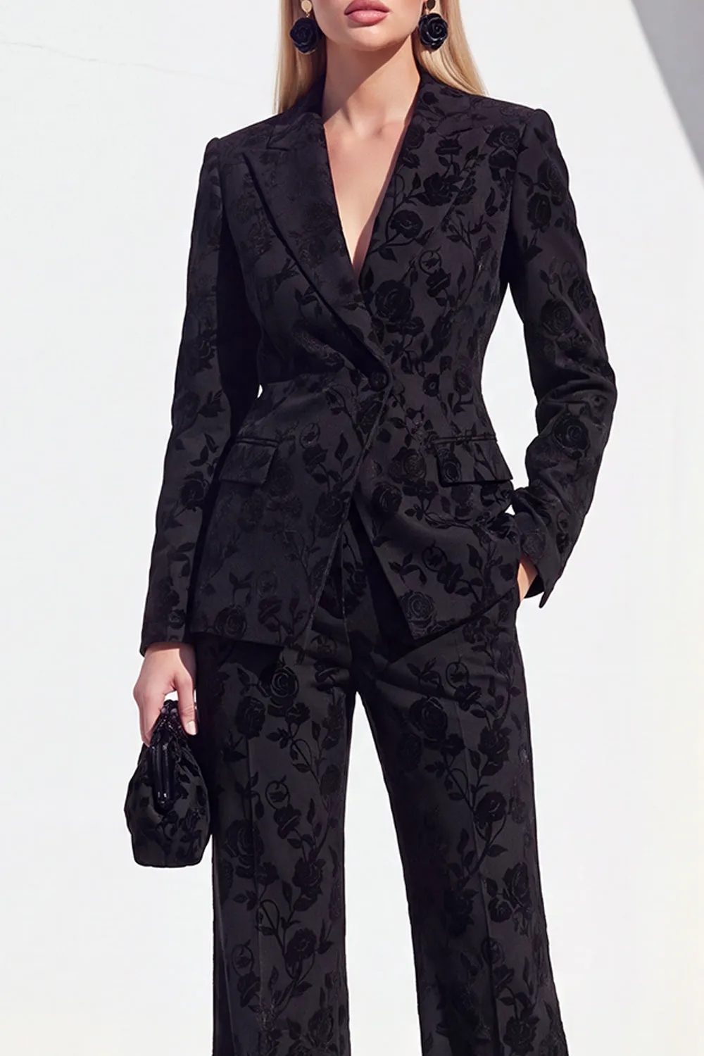 Vintage Black Floral Printed Peak Lapel Long Women Suits sold by Zapaka product image thumbnail 3