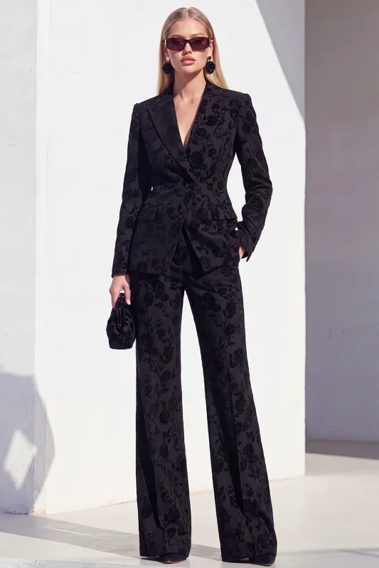 Vintage Black Floral Printed Peak Lapel Long Women Suits made by Zapaka