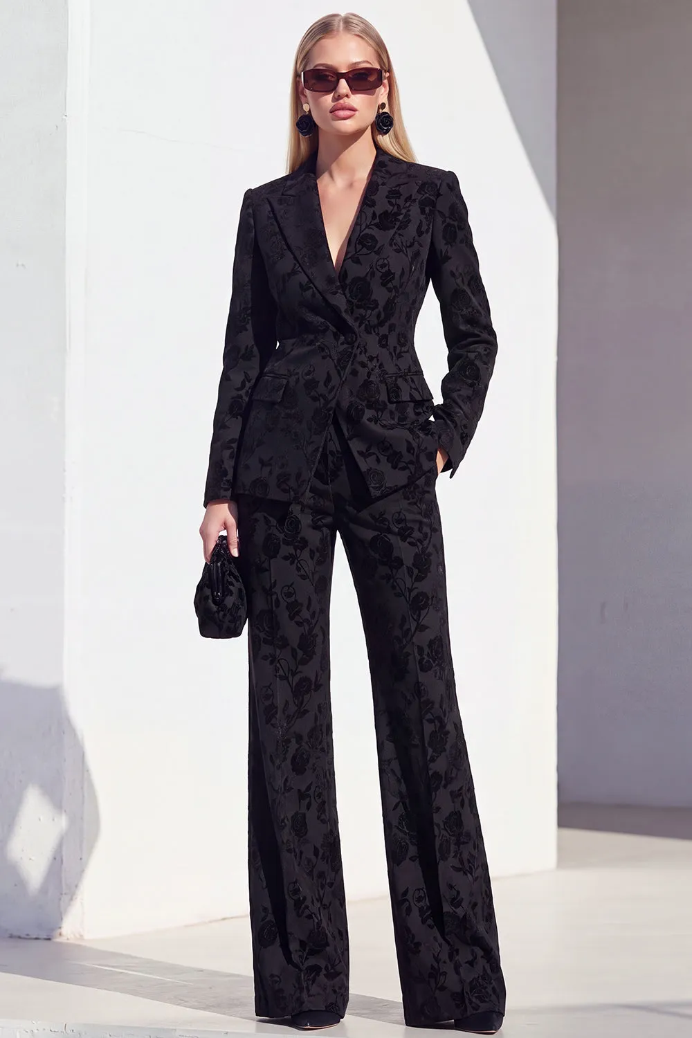 Vintage Black Floral Printed Peak Lapel Long Women Suits sold by Zapaka