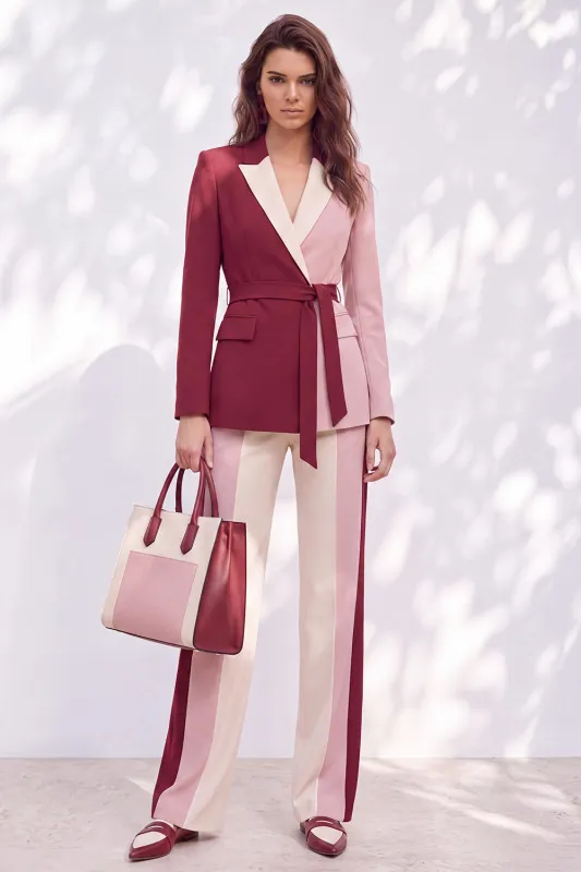 Pink Burgundy Two Piece Peak Lapel Belt Women Suits with Belt made by Zapaka