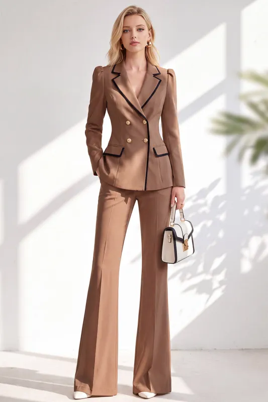 Brown Fitted Notched Lapel Long Sleeves Women Suits with Covered Button made by Zapaka