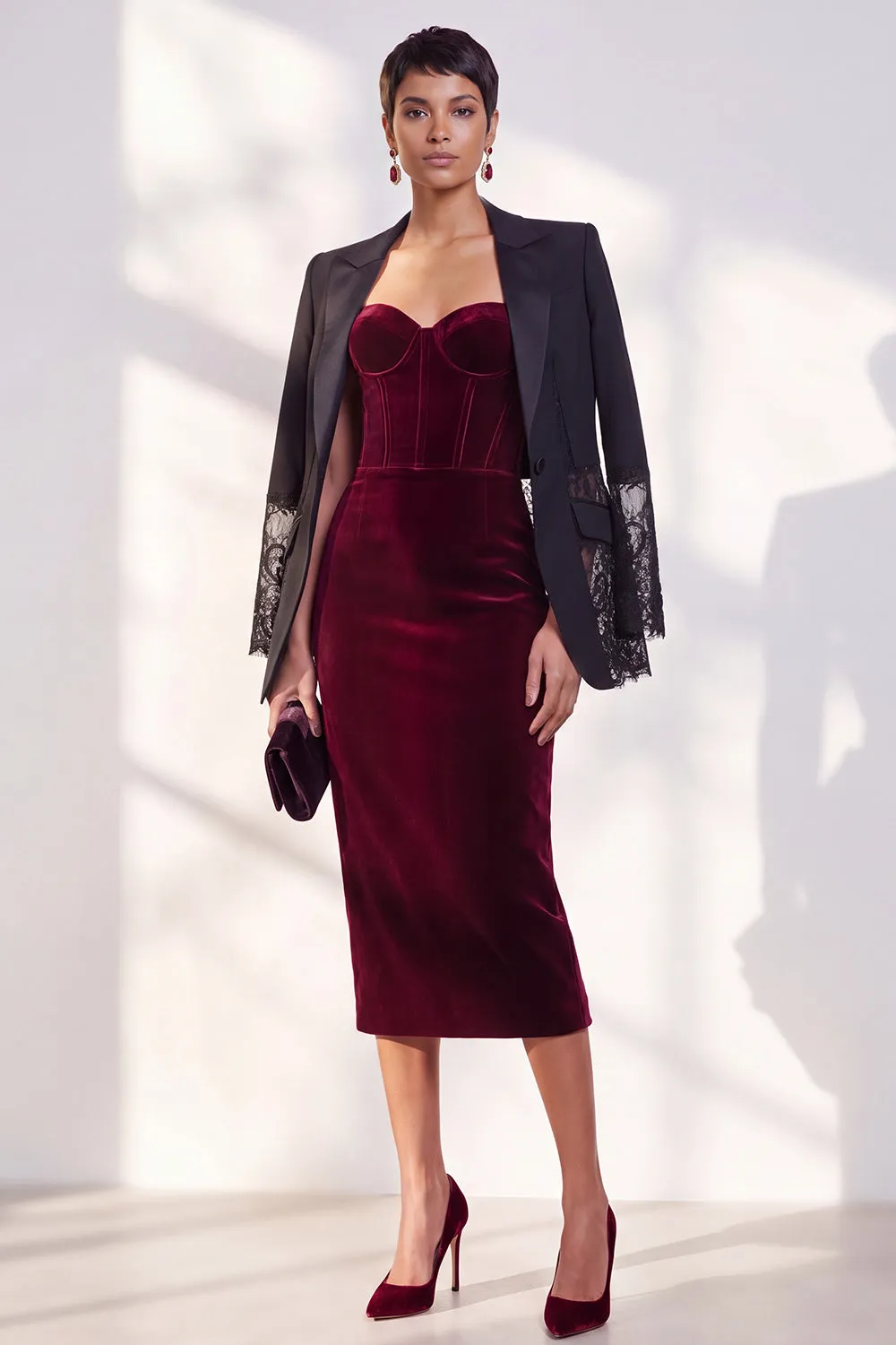 Burgundy Corset Sheath Strapless Velvet Dress sold by Zapaka product image thumbnail 3