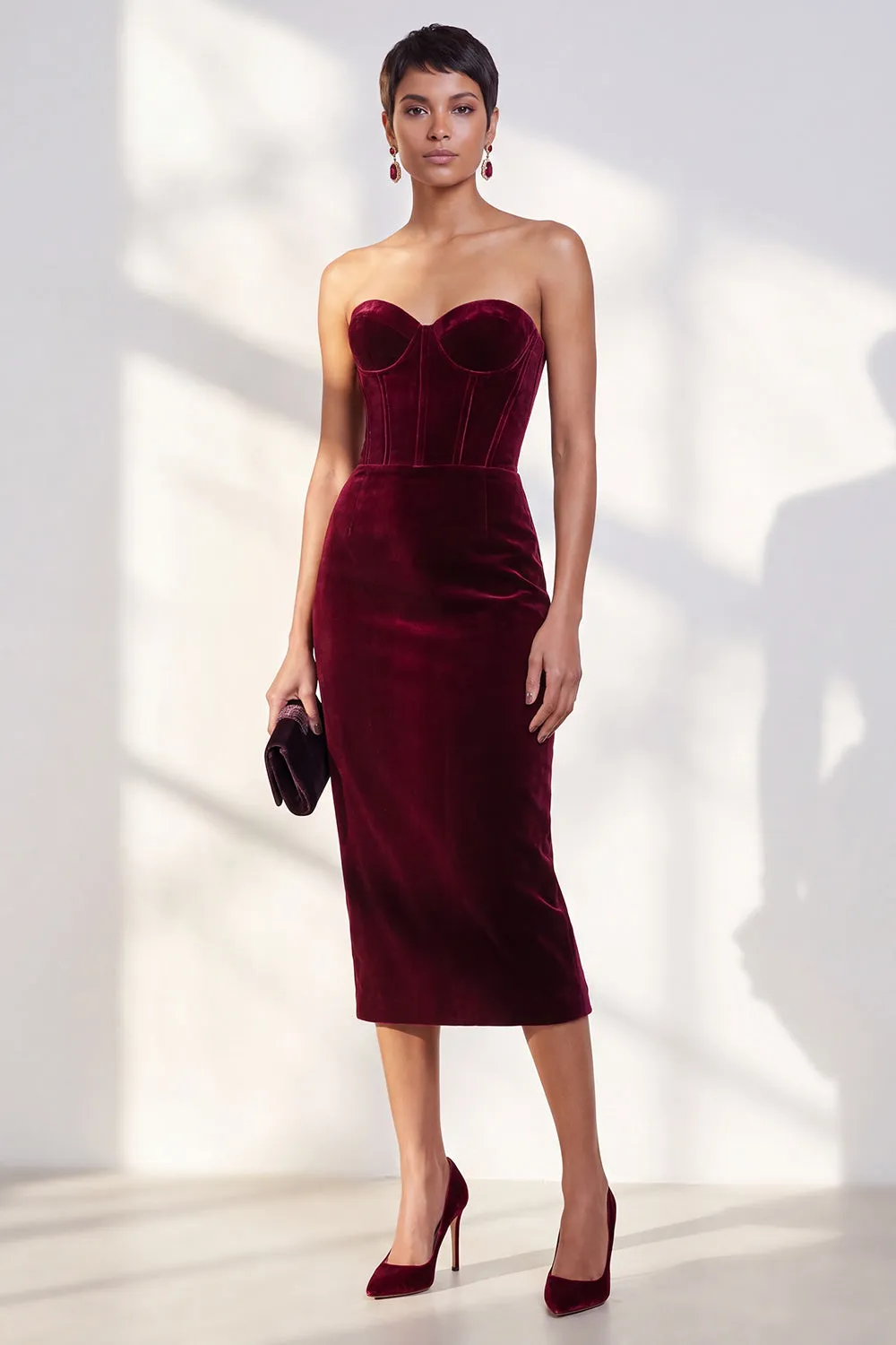 Burgundy Corset Sheath Strapless Velvet Dress sold by Zapaka