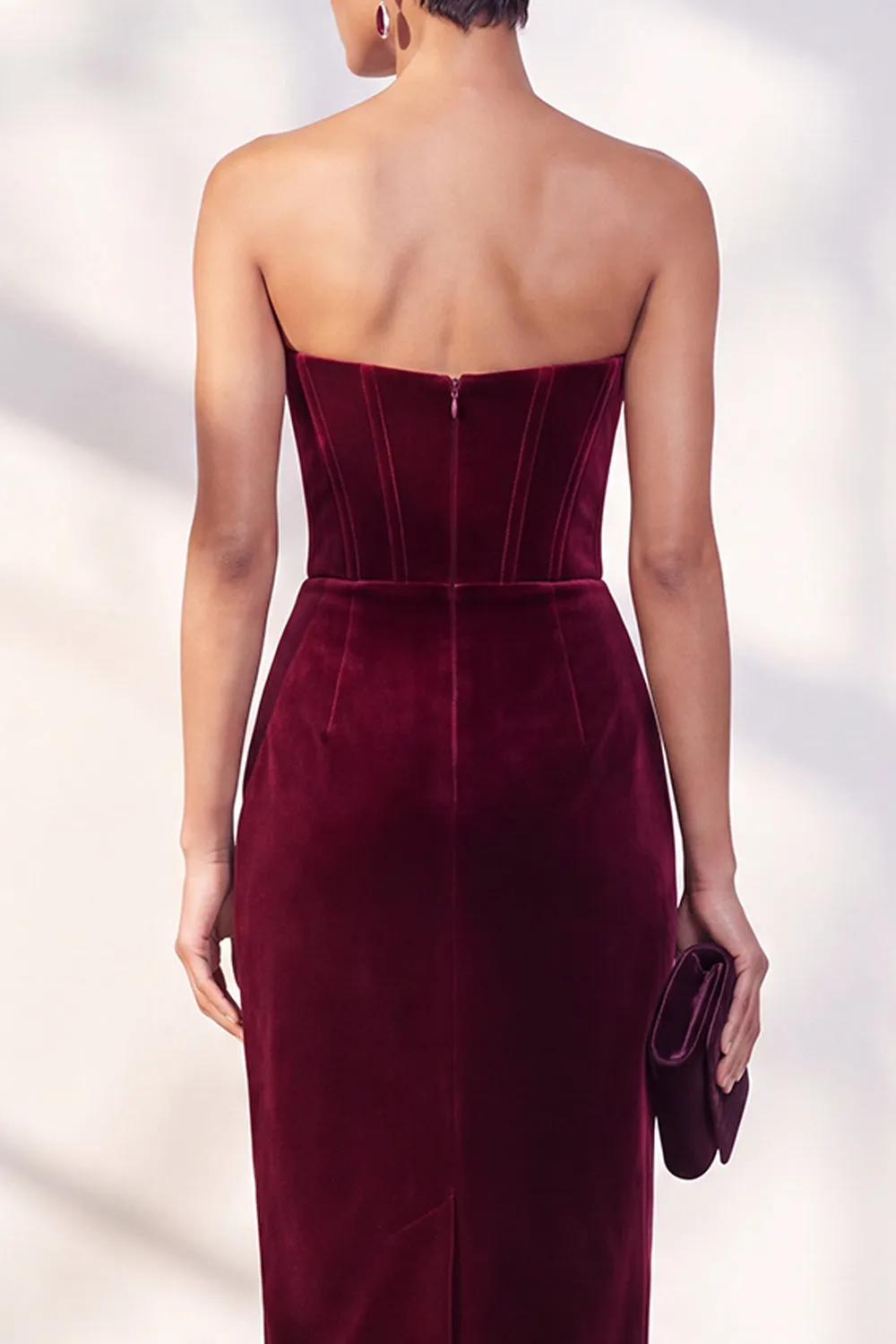 Burgundy Corset Sheath Strapless Velvet Dress sold by Zapaka product image thumbnail 5