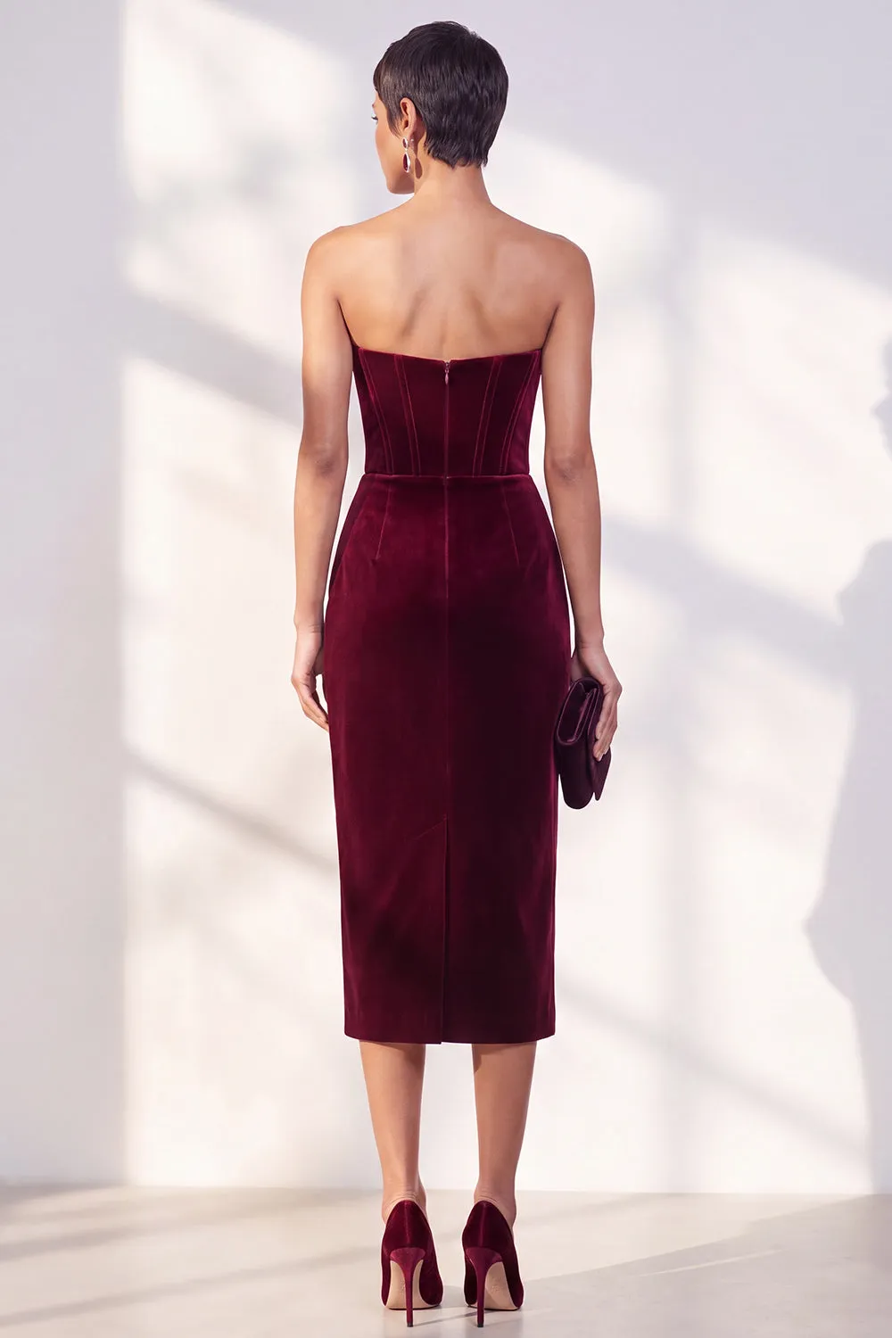 Burgundy Corset Sheath Strapless Velvet Dress sold by Zapaka product image thumbnail 2