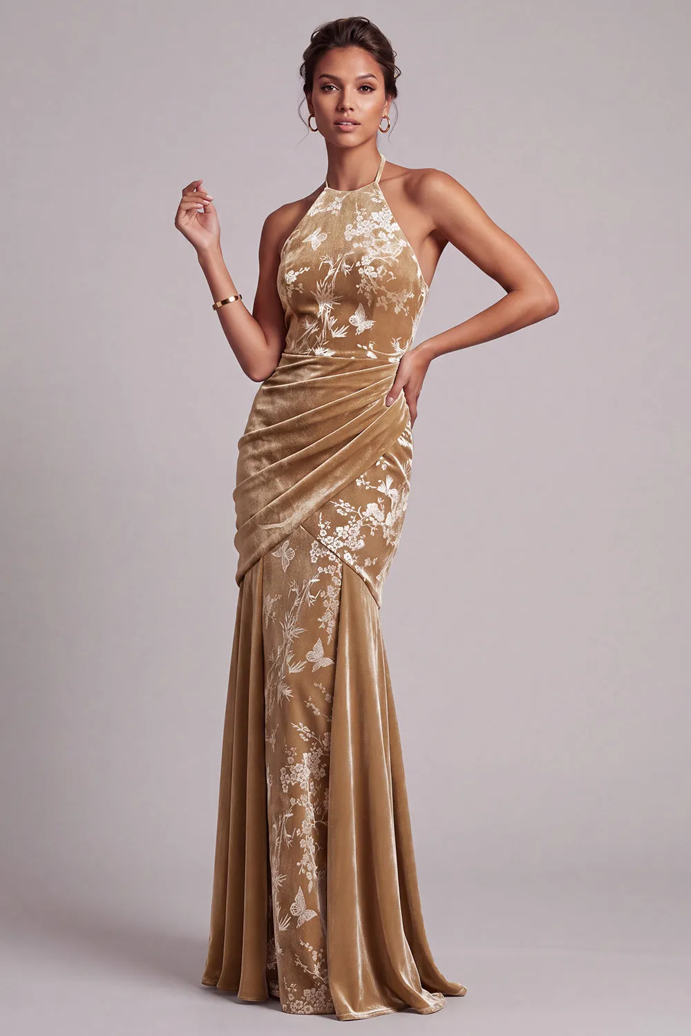Champagne Velvet Halter Neck Mermaid Long Mother of the Bride Dress with Draping sold by Zapaka product image thumbnail 3
