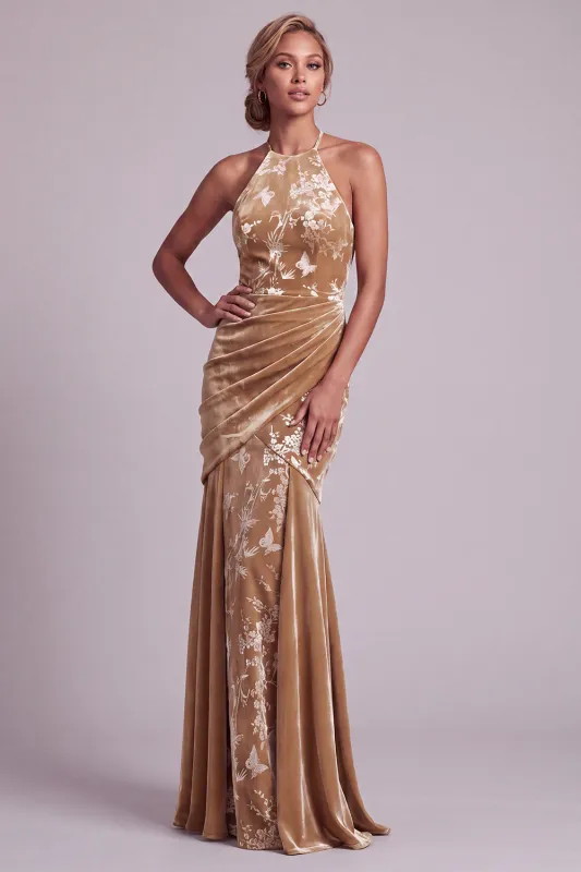 Champagne Velvet Halter Neck Mermaid Long Mother of the Bride Dress with Draping made by Zapaka