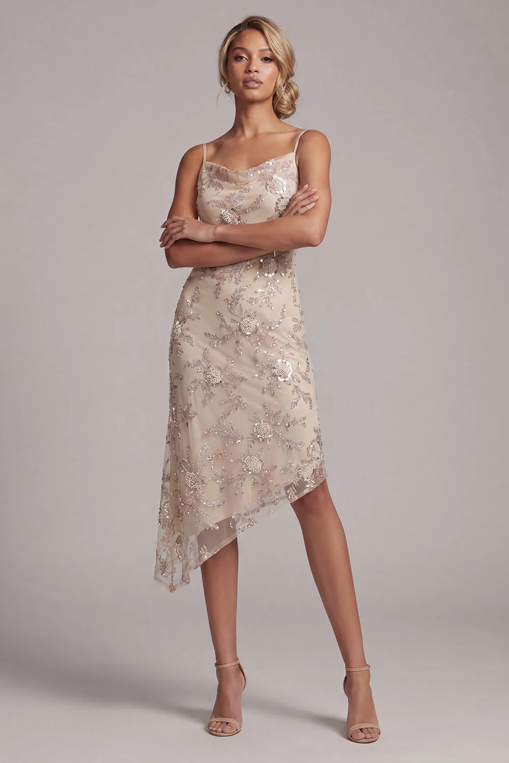 Champagne Sheath Cowl Asymmetrical Pearl Mother of the Bride Dress with Sequins sold by Zapaka product image thumbnail 3
