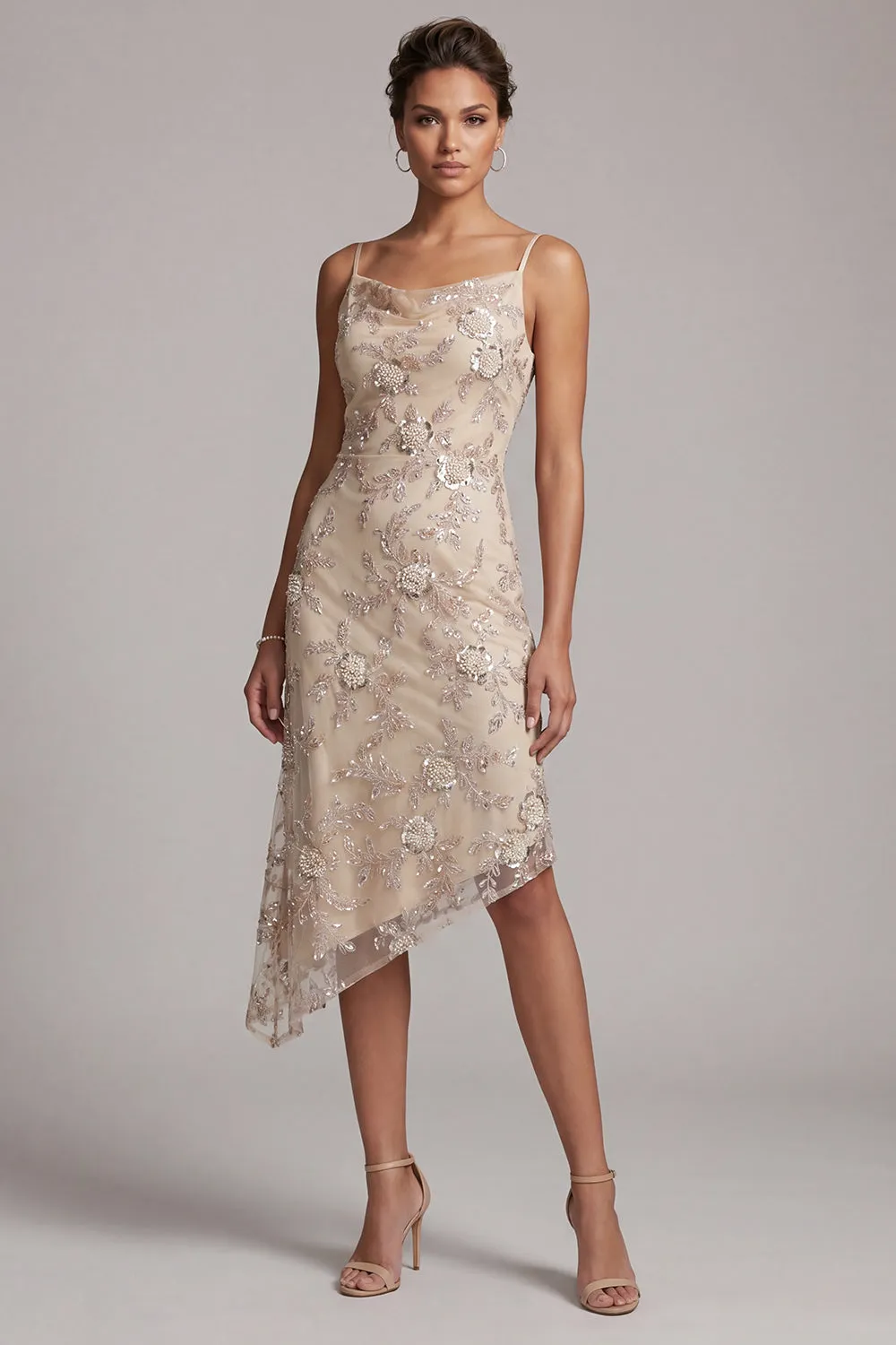 Champagne Sheath Cowl Asymmetrical Pearl Mother of the Bride Dress with Sequins sold by Zapaka