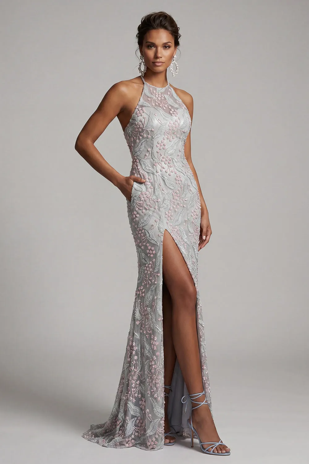 Dusty Blue Sheath Halter Beaded Mother of the Bride Dress with Pockets sold by Zapaka