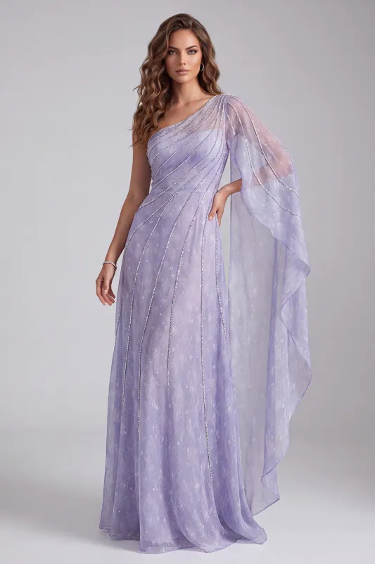 Lilac A-Line Beaded One Shoulder Formal Dress with Side Cape made by Zapaka