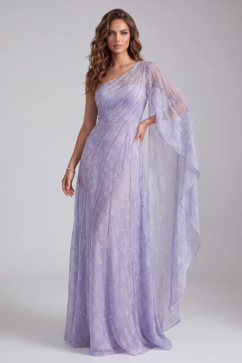 Lilac A-Line Beaded One Shoulder Formal Dress with Side Cape sold by Zapaka