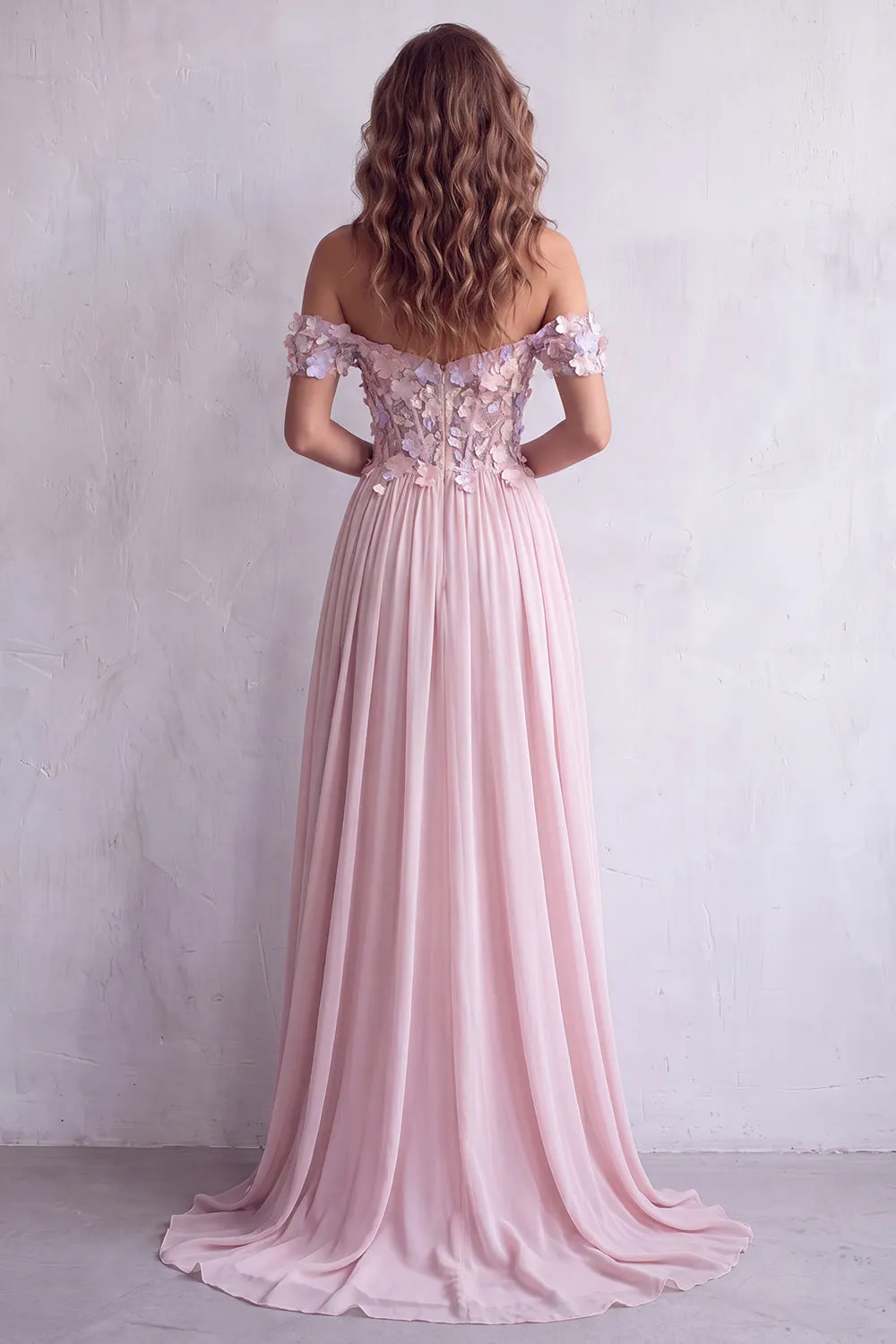 Light Pink A-Line Corset Off The Shoulder Long Formal Dress with 3D Floral Appliques sold by Zapaka product image thumbnail 2