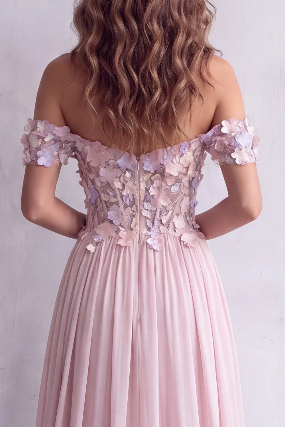 Light Pink A-Line Corset Off The Shoulder Long Formal Dress with 3D Floral Appliques sold by Zapaka product image thumbnail 4