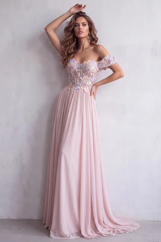 Light Pink A-Line Corset Off The Shoulder Long Formal Dress with 3D Floral Appliques made by Zapaka