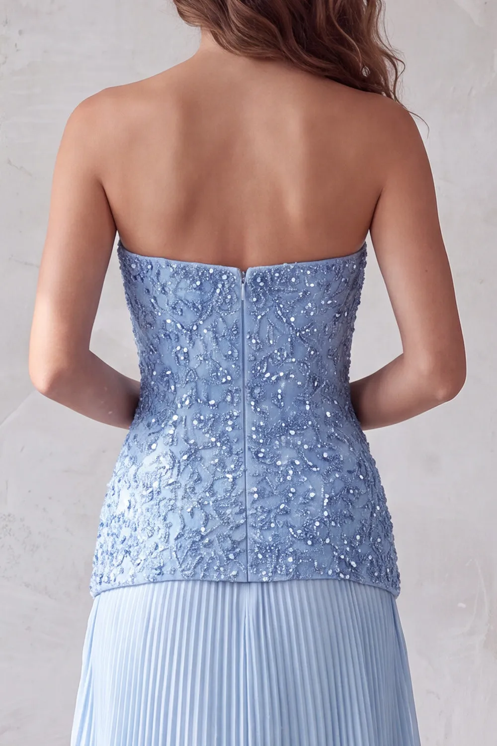 Blue A Line Strapless 3D Floral Hem Pleated Formal Dress with Rhinestones sold by Zapaka product image thumbnail 4