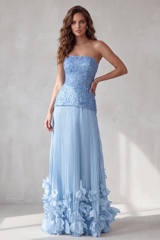Blue A Line Strapless 3D Floral Hem Pleated Formal Dress with Rhinestones made by Zapaka