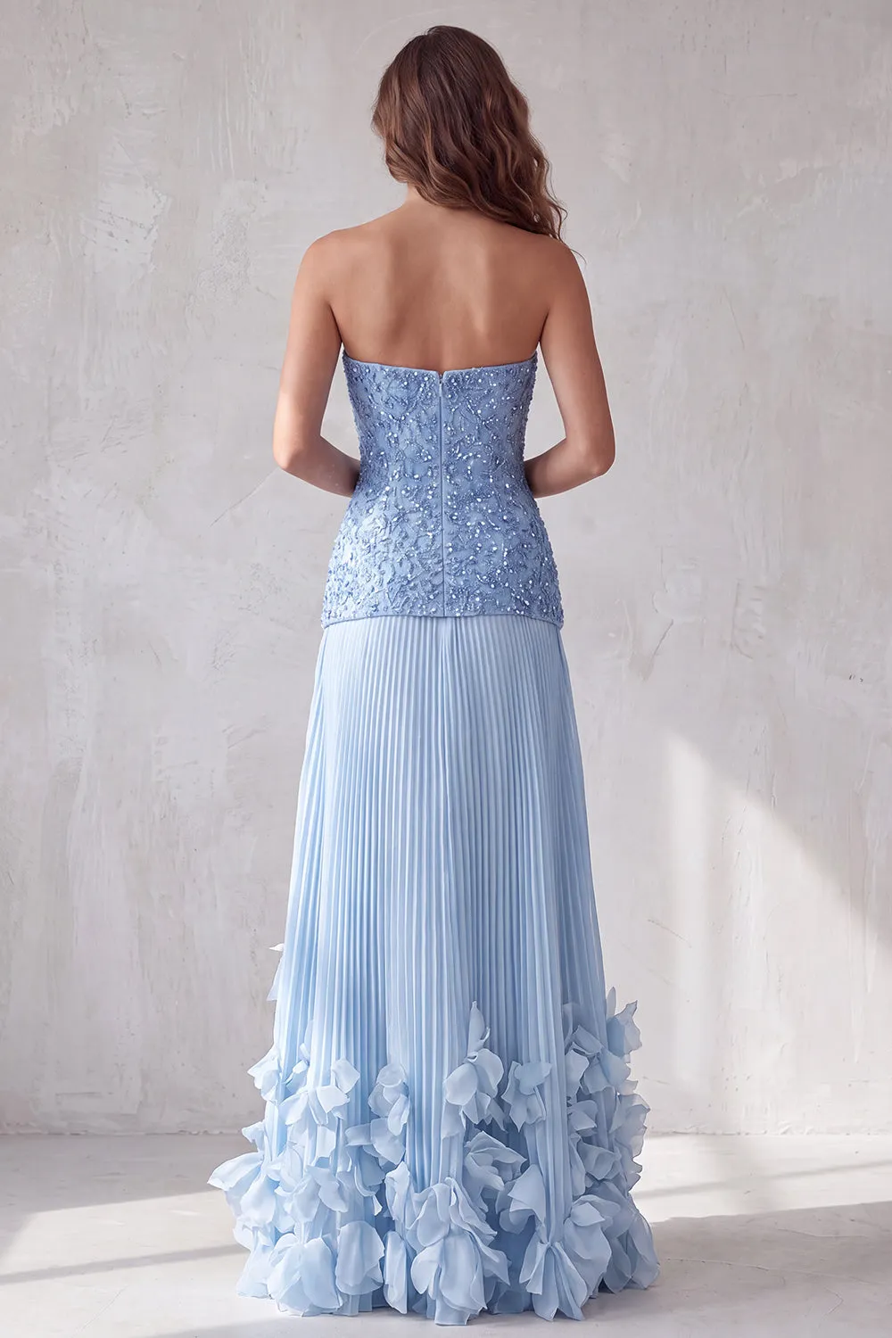 Blue A Line Strapless 3D Floral Hem Pleated Formal Dress with Rhinestones sold by Zapaka product image thumbnail 2