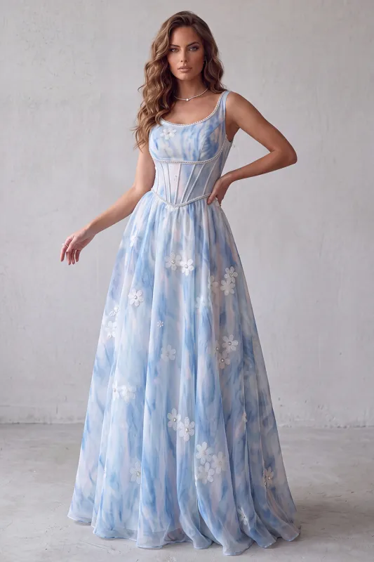 Light Blue A-Line Square Neck Floral Corset Pearl Long Formal Dress made by Zapaka