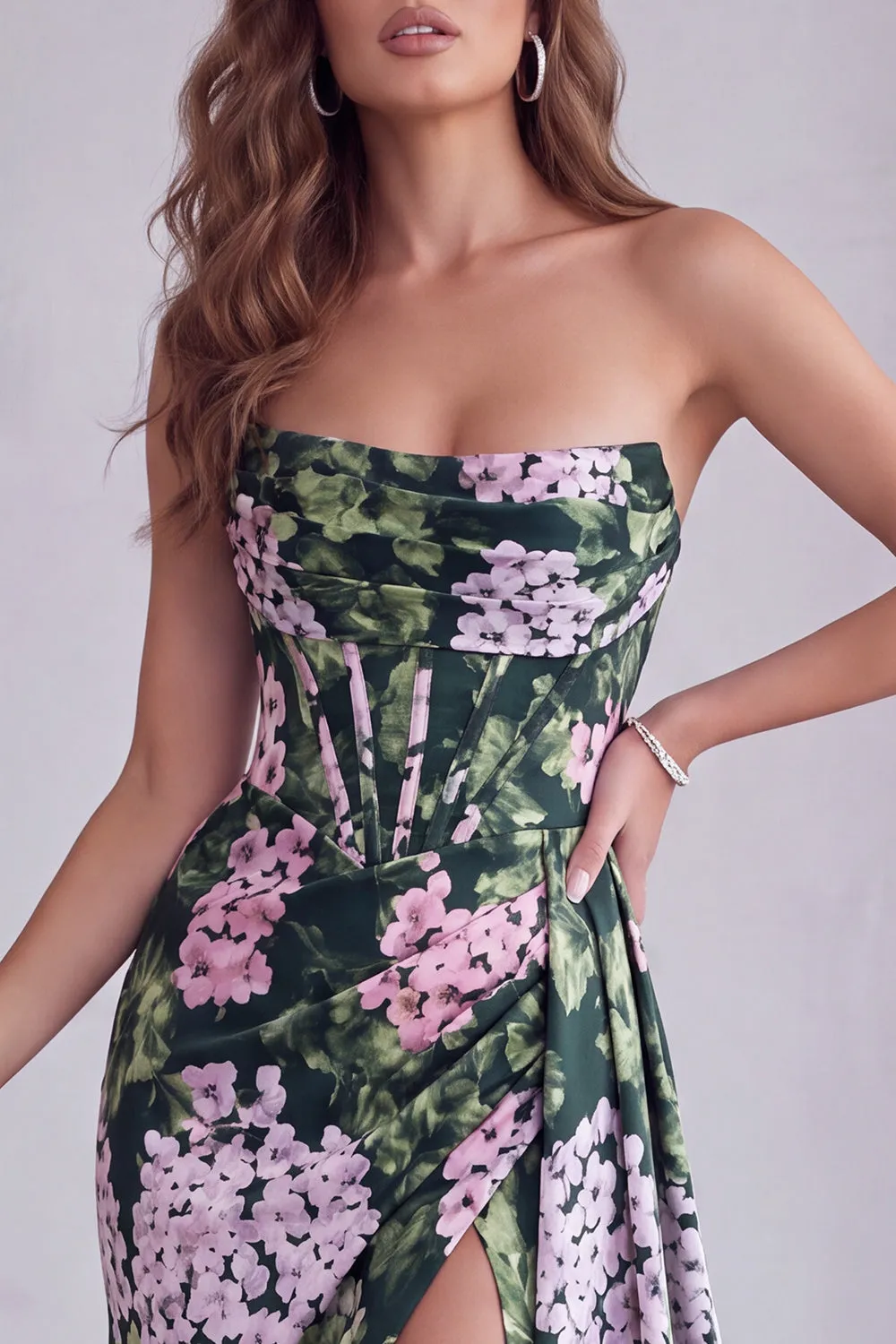 Dark Green Floral Strapless Corset Ruched A-Line Formal Dress with Slit sold by Zapaka product image thumbnail 3