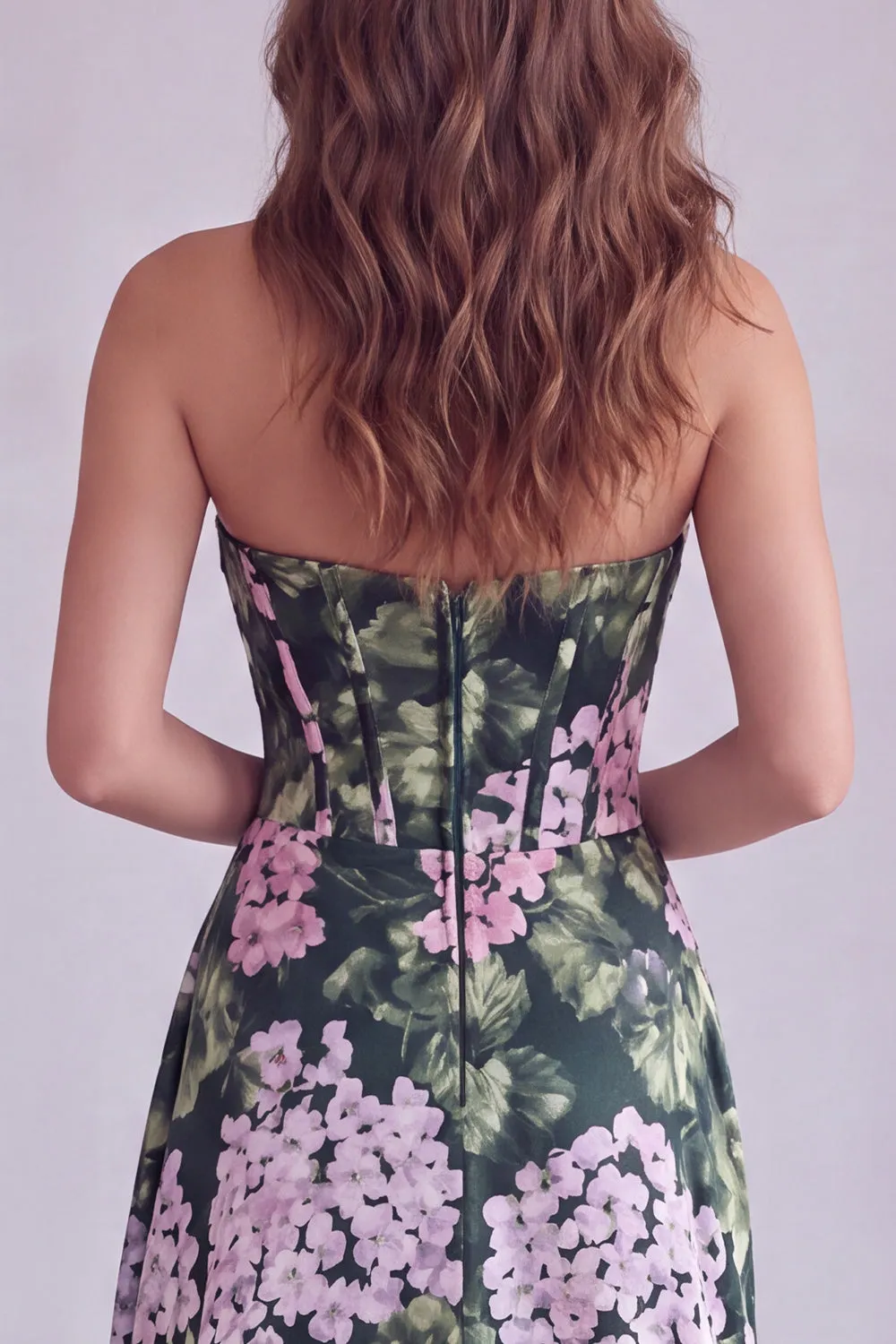 Dark Green Floral Strapless Corset Ruched A-Line Formal Dress with Slit sold by Zapaka product image thumbnail 4
