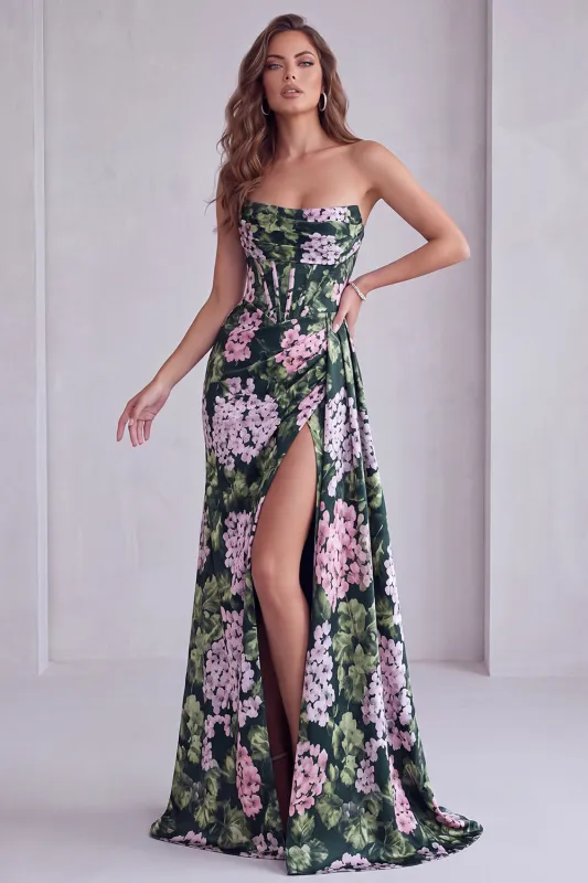 Dark Green Floral Strapless Corset Ruched A-Line Formal Dress with Slit made by Zapaka