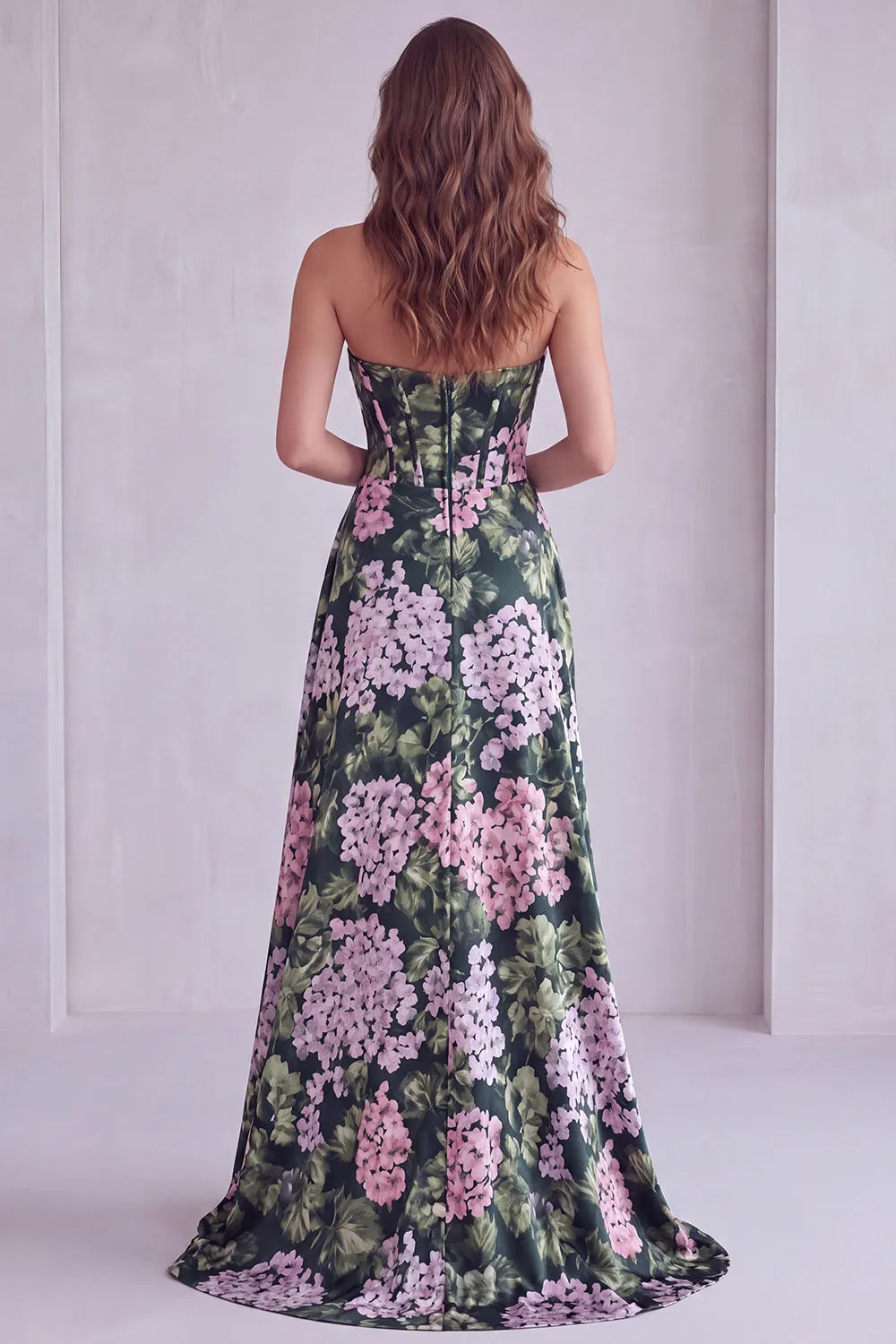 Dark Green Floral Strapless Corset Ruched A-Line Formal Dress with Slit sold by Zapaka product image thumbnail 2