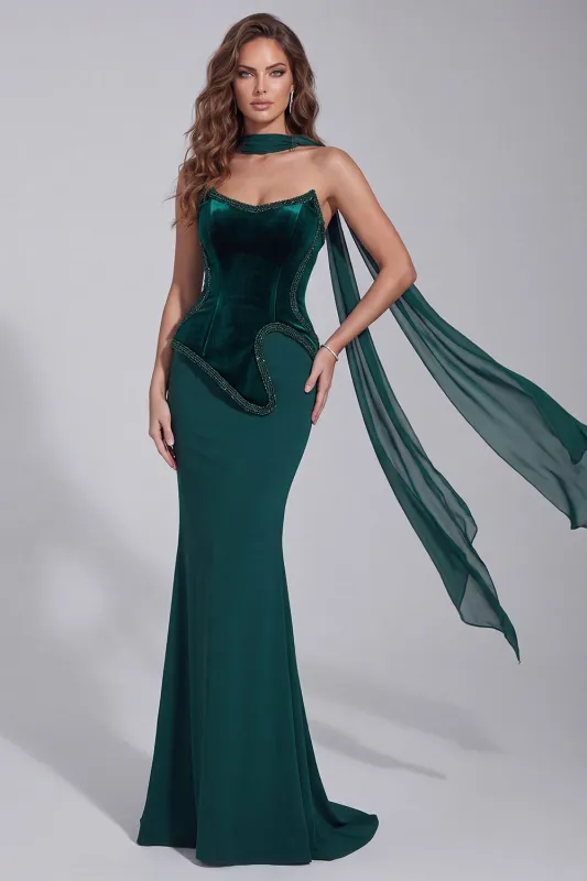 Dark Green Mermaid Beaded Strapless Corset Formal Dress with Neck Scarf made by Zapaka