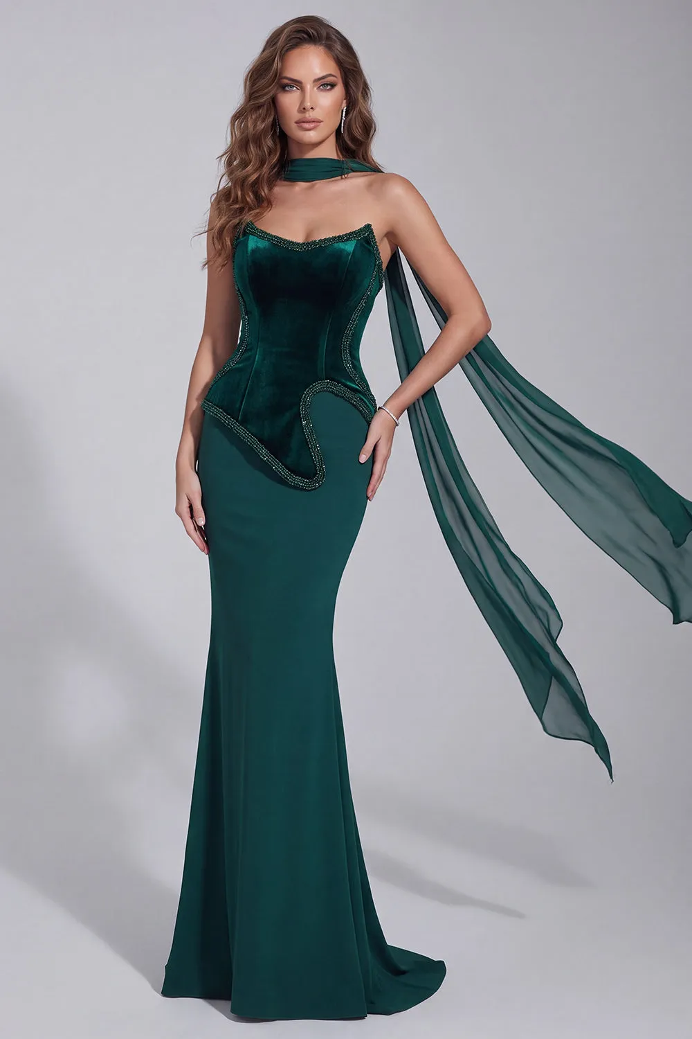 Dark Green Mermaid Beaded Strapless Corset Formal Dress with Neck Scarf sold by Zapaka