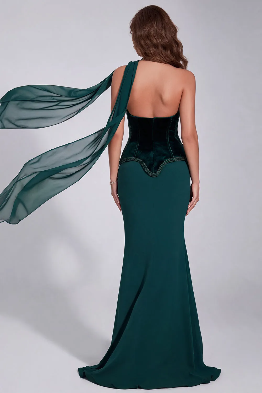 Dark Green Mermaid Beaded Strapless Corset Formal Dress with Neck Scarf sold by Zapaka product image thumbnail 2
