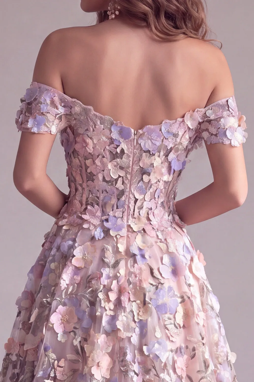 Pink 3D Floral Appliques A-Line Off The Shoulder Corset Long Formal Dress sold by Zapaka product image thumbnail 4
