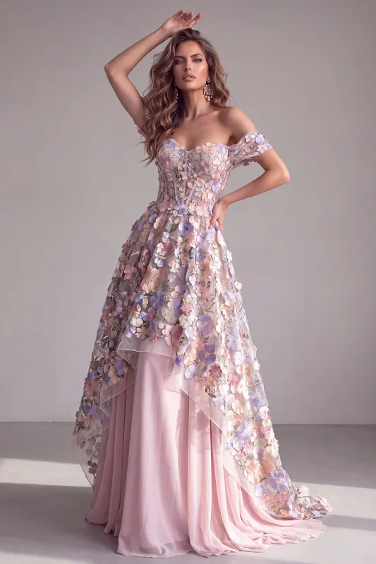 Pink 3D Floral Appliques A-Line Off The Shoulder Corset Long Formal Dress made by Zapaka