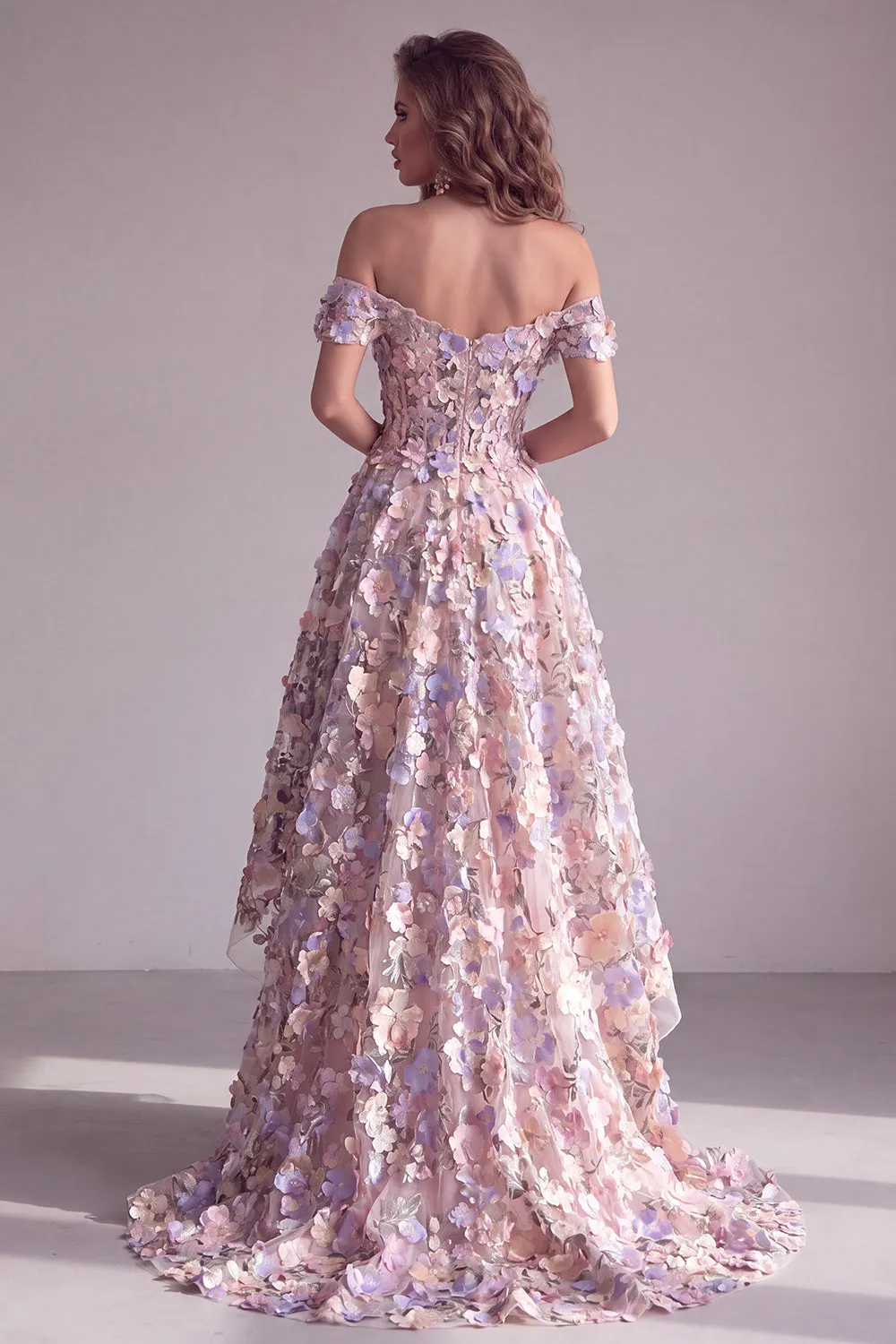 Pink 3D Floral Appliques A-Line Off The Shoulder Corset Long Formal Dress sold by Zapaka product image thumbnail 2