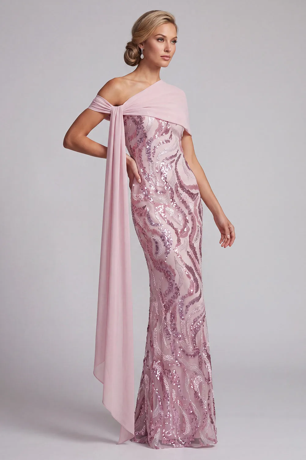 Sparkly Pink One Shoulder Sequins Mermaid Long Mother of the Bride Dress with Beading sold by Zapaka product image thumbnail 3