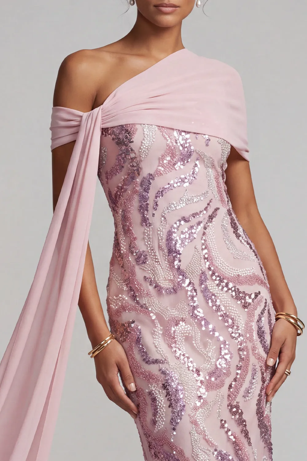 Sparkly Pink One Shoulder Sequins Mermaid Long Mother of the Bride Dress with Beading sold by Zapaka product image thumbnail 4