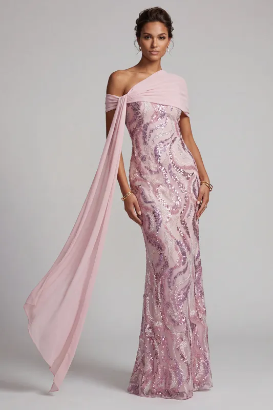Sparkly Pink One Shoulder Sequins Mermaid Long Mother of the Bride Dress with Beading made by Zapaka
